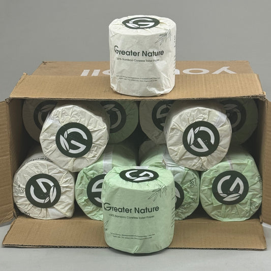 GREAT NATURE (24 Pack) 100% Bamboo Core-less Toilet Paper 3Ply, 380 Sheets Per Roll Green/White